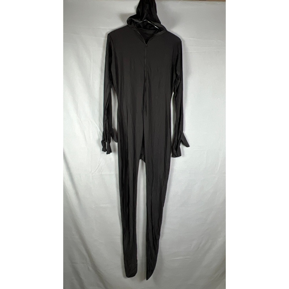 Womens 1 Piece Set Bodysuit Costume XL Black Stretch Hooded Front Zip Halloween